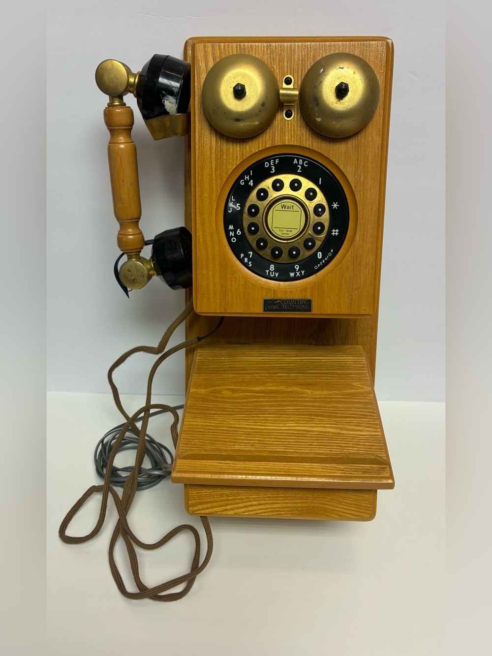 The Country Store Dual Bell Wall Mount Telephone Retro Oak Wooden Vintage